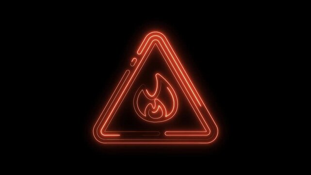 Red neon fire hazard warning sign animation on black background safety icon animated