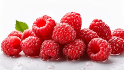 Close Up Of Fresh Red Raspberries With Water Droplets On White Background