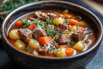 A bowl of beef stew with potatoes and carrots.