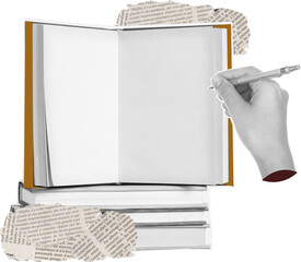 Human hand with pen write on paper art collage