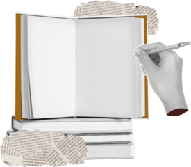 Human hand with pen write on paper art collage