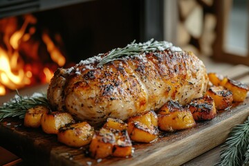 Chicken on cutting board with potatoes and rosemary.