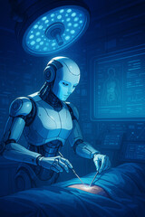 Futuristischer Roboterchirurg operiert in einem High-Tech-Operationssaal