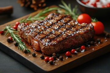 Juicy steak on cutting board.