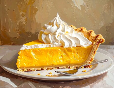 Slice of lemon meringue pie on a plate