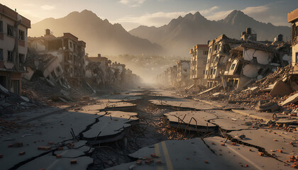 Crumbling infrastructure reveals earthquake damage after natural disaster mountainous region destruction aerial perspective