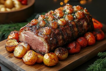 Sliced steak surrounded by potatoes and tomatoes on a cutting board.