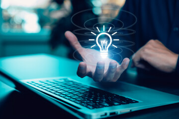 thinking and creative concept, Close up the light bulb and woman working on the desk, Creativity,...