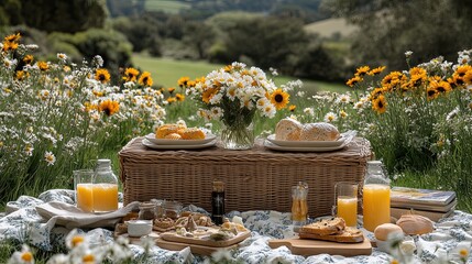 Idyllic summer picnic setup with basket flowers and refreshments in nature