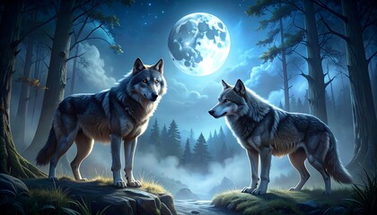 Two wolves in a mystical forest at night