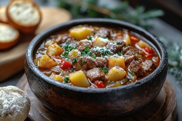 Bowl of stew with potatoes and parsnips.