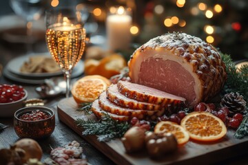 Roasting ham surrounded by oranges at a Christmas dinner.