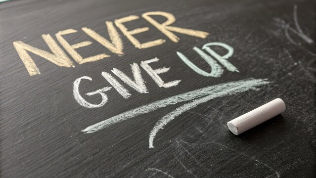 Close up of chalkboard with never give up inspirational message