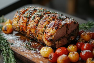 Seasoned meat slice with fresh tomatoes and herbs on wooden board.