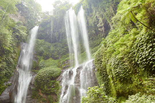 Lush green tropical forest surrounding tall cascading waterfall with multiple streams flowing down rocky cliff, dense vegetation covering landscape, natural outdoor scenery