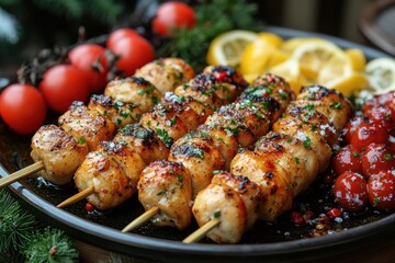 Plate of chicken skewers.
