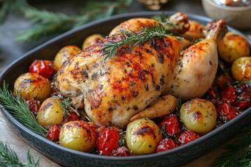Chicken with potatoes and tomatoes in a pan.