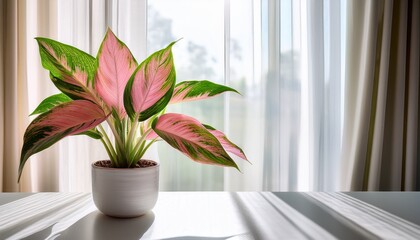 Potted Aglaonema Plant With Pink And Green Leaves Sits On A White Table Near A Window With Sheer Curtains Bright Airy Aesthetic