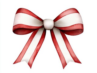 A whimsical Christmas bow with candy cane stripes in red and white watercolor illustration soft and playful design isolated on a white background. Festive holiday ribbon peppermint
