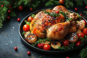Roasted chicken garnished with tomatoes and herbs.