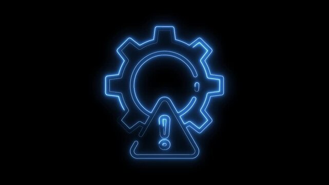 Glowing neon style error warning symbol with gear on black background
