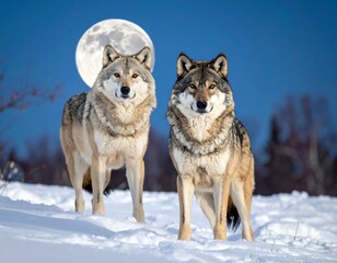 Two wolves in snowy landscape under full moon (1)