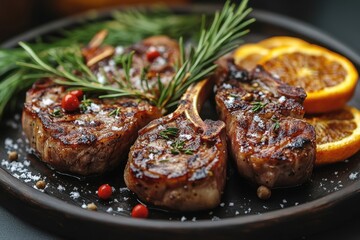 Meat and orange slices on a plate.