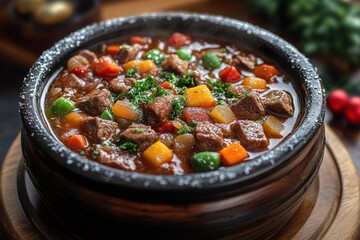 Beef stew with vegetables in a bowl.