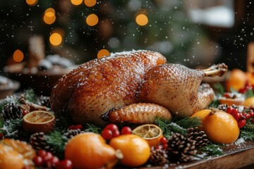 Turkey on platt with oranges and pine cones.