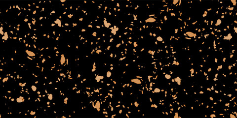 Biscuit crumbs top view bg as a seamless pattern on table. Bright yellow cookie pieces or crunches on the black surface. Scattered broken crushed nuts isolated on white. Vector illustration.