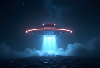 Mysterious spaceship background 4k hovering UFO with glowing blue beam descending over ocean in cinematic night sky