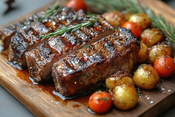 Piece of steak and cherry tomatoes on a wooden cutting board.