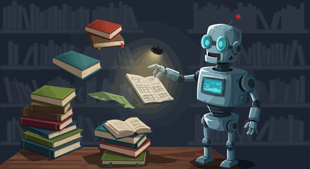 Naklejka premium Cartoon Robot Studying Books in a Library Setting.