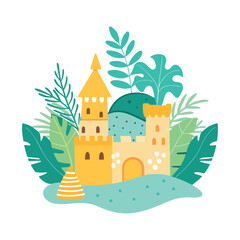Obraz premium castle on hill in mountains cartoon vector illustration