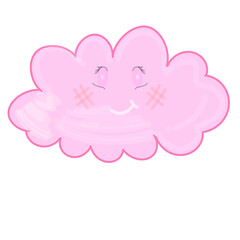 Adorable pink cartoon cloud with cute face, blushing cheeks, and dreamy eyes. Perfect for kids design, stickers, decor.