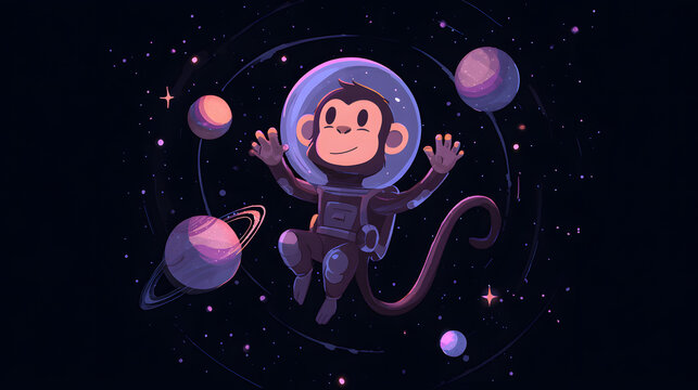 cartoon monkey astronaut floating in outer space surrounded by glowing stars and colorful shining planets design