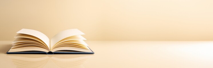 Fototapeta premium Open book with flipping pages on glossy surface and beige background, ideal for educational, reading or knowledge promotion design concepts.