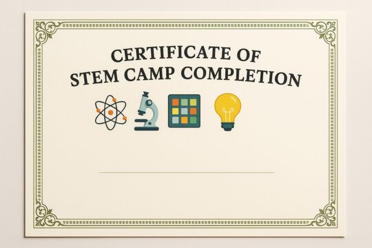 Certificate of STEM camp completion with science icons on light background, featuring classic border and elegant layout for educational recognition. Ai generative