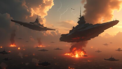 Fleet of futuristic warships flying over burning battlefield at sunset, cinematic spaceship background 4k showcasing interstellar conflict and epic science fiction visuals
