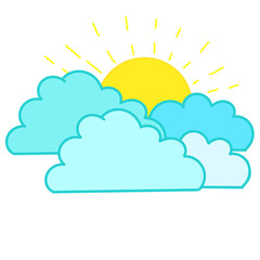 Cute Cartoon Sun Behind Clouds. Happy Weather Icon for Forecasts, Sunny Days, and Graphic Design.