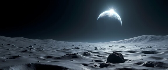 Stunning moon surface view with Earth rising, perfect spaceship background 4k cinematic landscape for sci-fi and space exploration themes