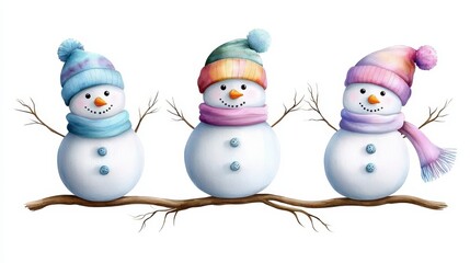 Charming watercolor snowman wearing a colorful hat and scarf isolated on background. Festive winter illustration cheerful snow person adorned with vibrant headwear