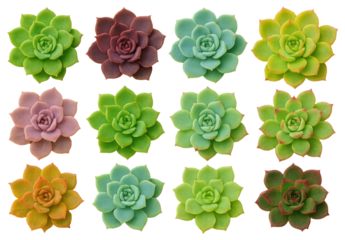 Twelve Succulent Plants in Various Colors and Forms Arranged in a Grid rosette echeveria isolated on a transparent background