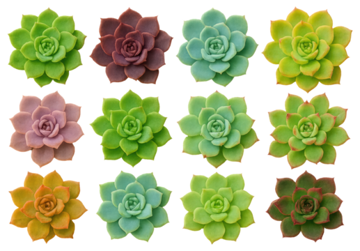 Twelve Succulent Plants in Various Colors and Forms Arranged in a Grid rosette echeveria isolated on a transparent background