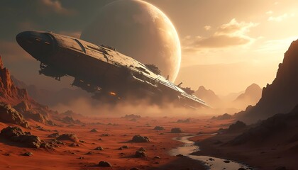 Massive spaceship landing on alien red planet at sunset, spaceship background 4k dramatic landscape for sci-fi and interstellar exploration themes