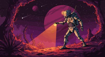 Futuristic Robot Explorer on Alien Planet Surface with Glowing Orb.