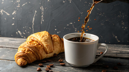 Freshly baked croissant and hot coffee being poured into a white mug