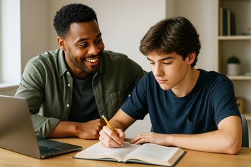 Smiling adult tutoring focused teenage student at table with open book and laptop in bright room setting, promoting social learning concept. Ai generative