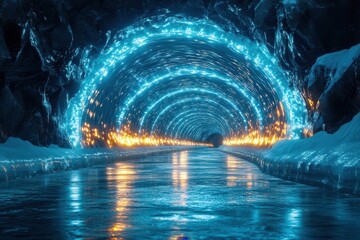 Lights glowing inside a tunnel.