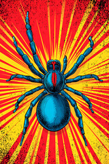 Vibrant illustration of a blue spider on a striking red and yellow burst background